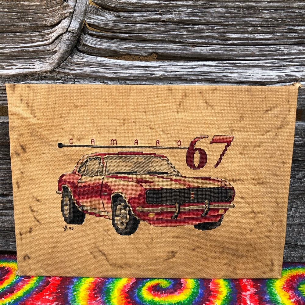 Unique 1967 Chevy Camaro cross-stitched Wall Art handmade 10”x 14” Garage decor